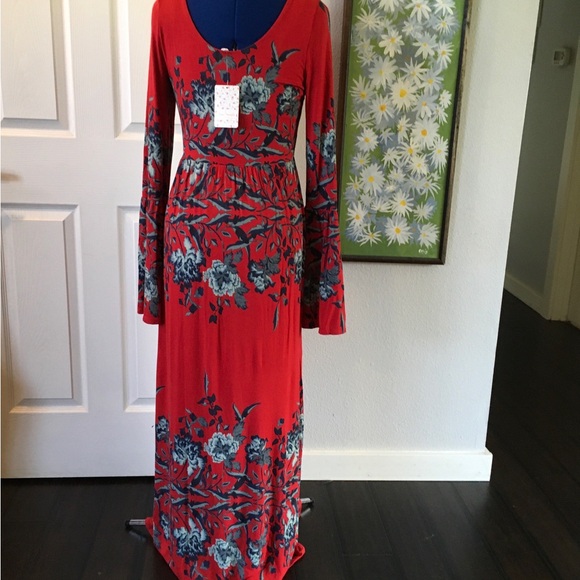NWT FREE PEOPLE Midnight Garden Red Floral Maxi Dress - Picture 8 of 14
